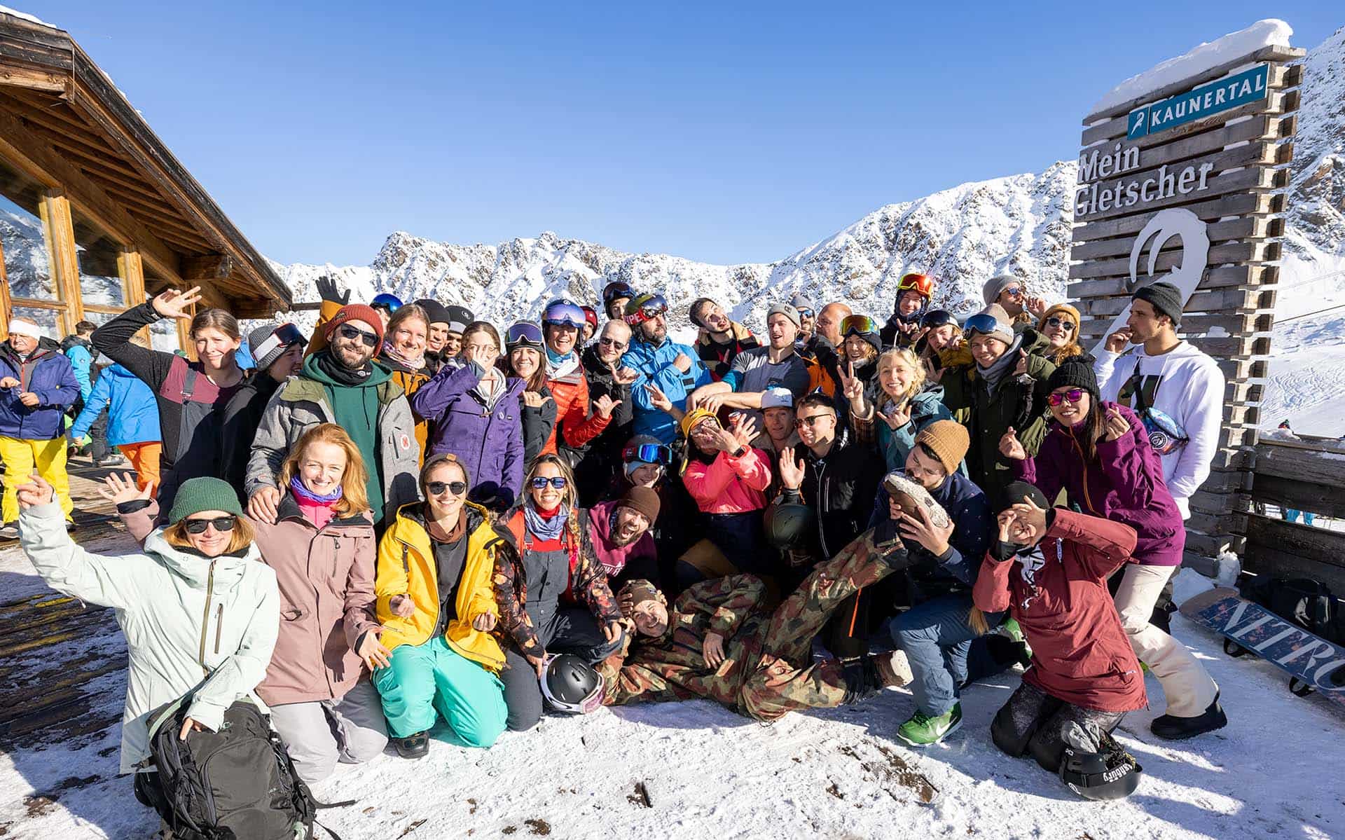 Snowboarders and Skiers for Christ group photo at Kaunertal for the European Season Opener